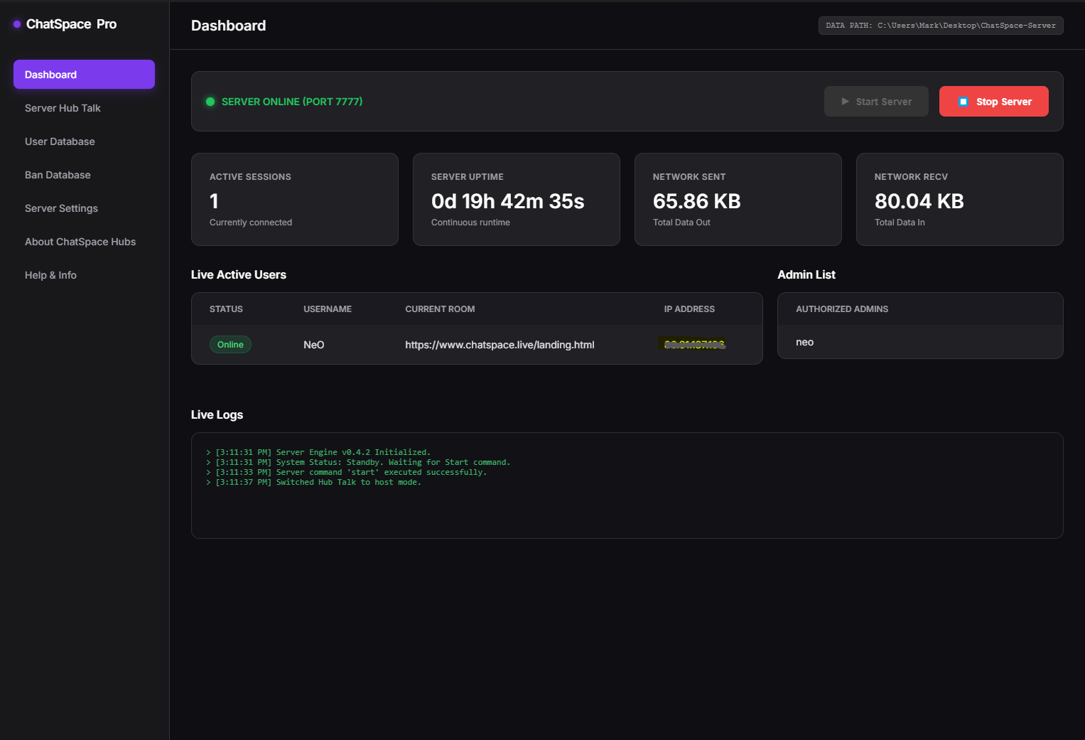 ChatSpace Server Dashboard